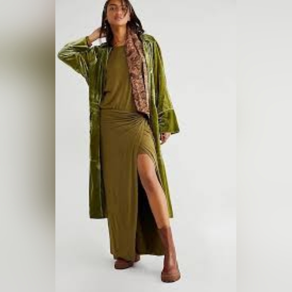 Free People Olive Asyssa Long Sleeve Jersey Maxi Wrap Dress Size Large - Picture 3 of 16